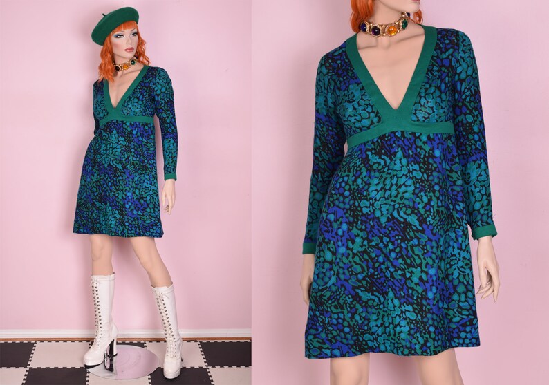 60s Abstract Pattern Dress Small 1960s Long Sleeve