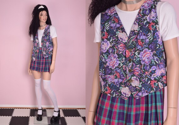 80s Floral Print Vest/ Medium/ 1980s