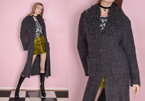 90s Gray Shaggy Trim Popcorn Knit Duster Sweater/