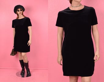 Vintage 90s 00s Black Velvet Dress/ Large/ 1990s/ 2000s
