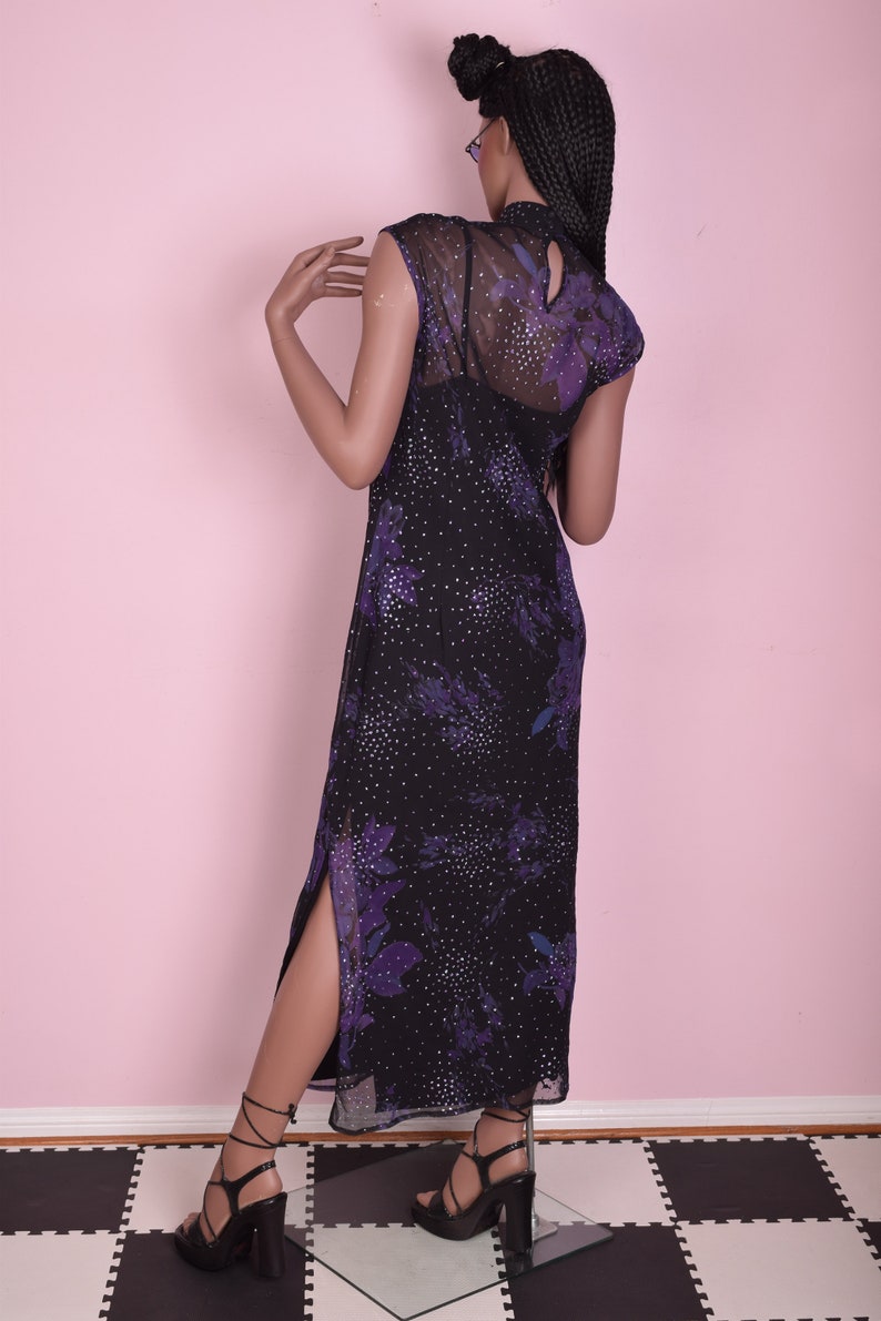 90s Sheer Floral and Glitter Dot Cheongsam US 10