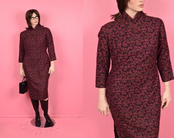 Vintage Floral Print Cheongsam Style Dress/ Large/ Long Sleeve