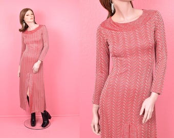 Vintage 60s Red and Silver Wavy Pattern Lurex Maxi Dress/ Small/ 1960s/ Long Sleeve