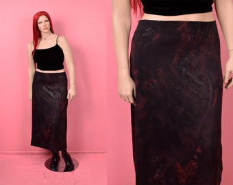 Vintage rok uit de jaren 90/00 met lage taille, tie-dye en glanzende paisleyprint / Maat L / 1990/2000