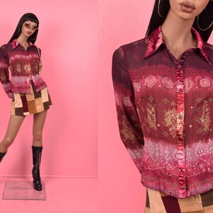 Blusa vintage con estampado transparente de los años 2000/ Talla pequeña/ Manga larga