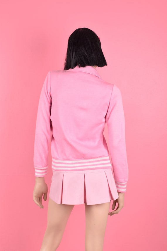 70s 80s Light Pink and White Knit Track Jacket/ S… - image 2