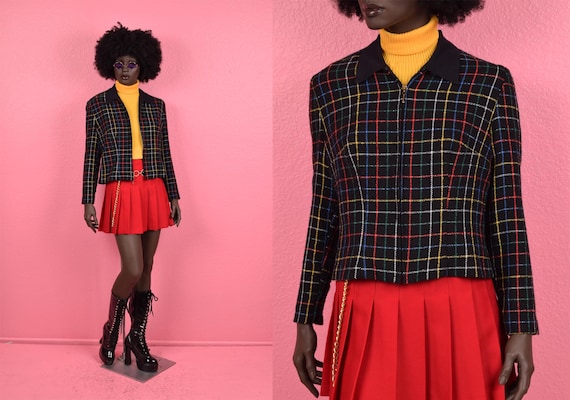 Vintage 80s Colorful Grid Pattern Jacket/ US 12/ … - image 1