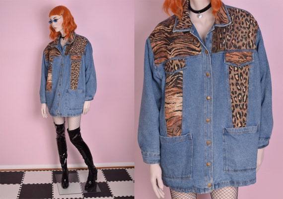 90s Animal Print Trim Denim Jacket/ 1X/ 1990s