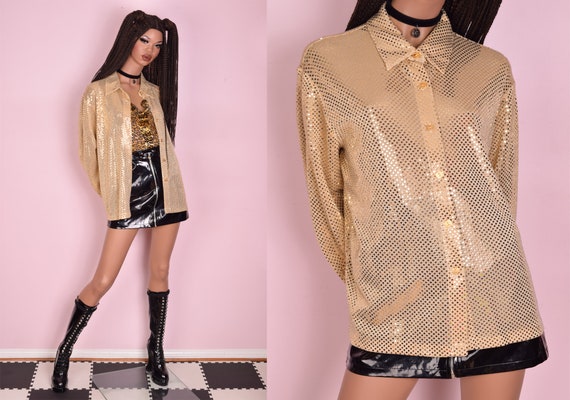 80s Faux Sequin Metallic Blouse/ Large/ 1980s/ Lon