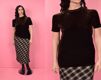 Vintage 90s Brown Velvet Mock Neck Top/ Large/ 1990s/ Short Sleeve