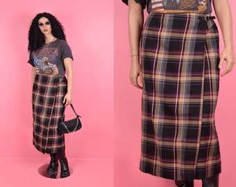 90s Plaid Wrap Skirt/ US 16/ 1990s