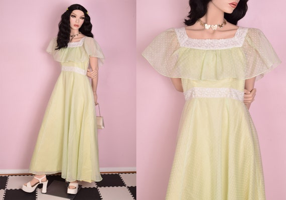 70s Flocked Lace Trim Formal Dress/ Small/ 1970s