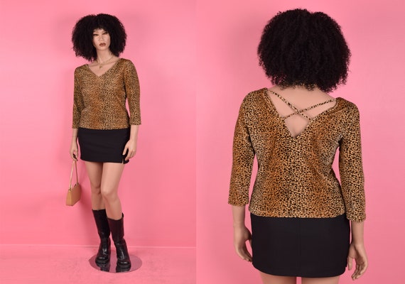 90s Cheetah Print Velvet Top/ Junior Large/ 1990s - image 1