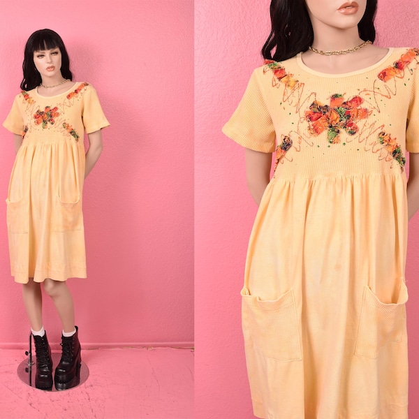 Vintage 80s 90s Waffle Knit Mix Dress/ Medium-Large/ 1980s/ 1990s