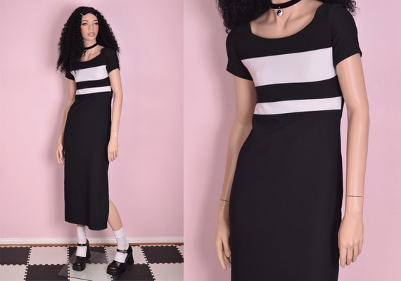 90s Black and White Striped Maxi Dress/ Small/ 199