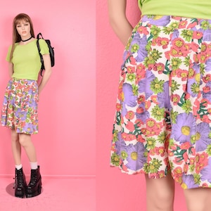 Vintage 80s Floral Print Silk High Waisted Shorts/ Medium/ 1980s