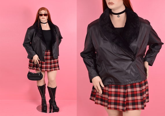 Vintage 90s Faux Fur Collar Black Matte Vinyl Jacket/ XL-XXL/ 1990s