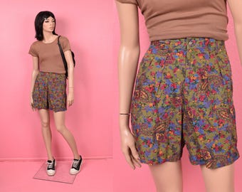 Vintage 90s Floral Print High Waisted Shorts/ US 1-2/ 1990s