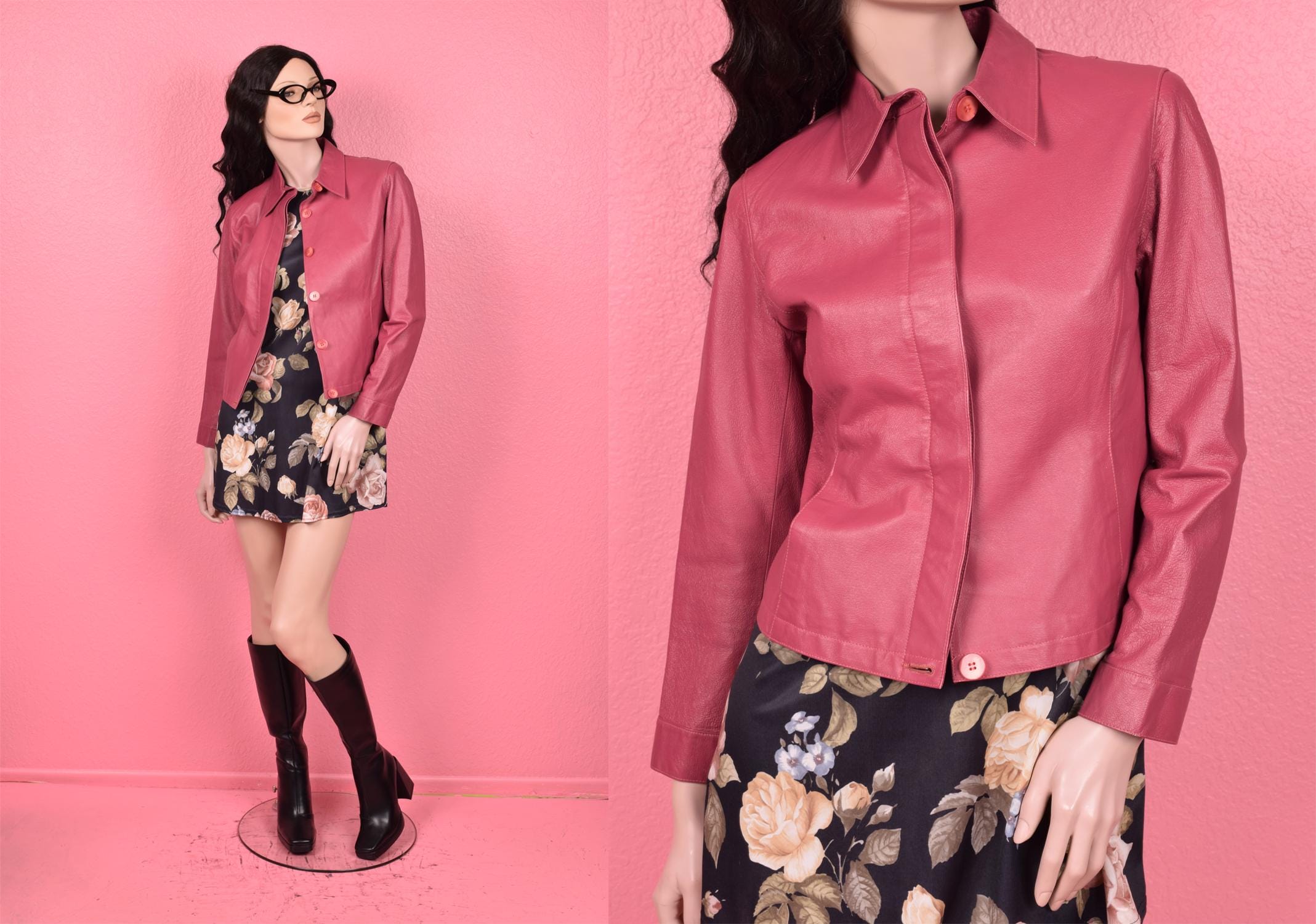 Vintage 90s 00s Deep Pink Leather Jacket/ Small/ 1990s/ 2000s