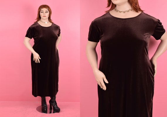 90s Brown Velvet Maxi Dress/ 3X/ 1990s/ Short Sle… - image 1