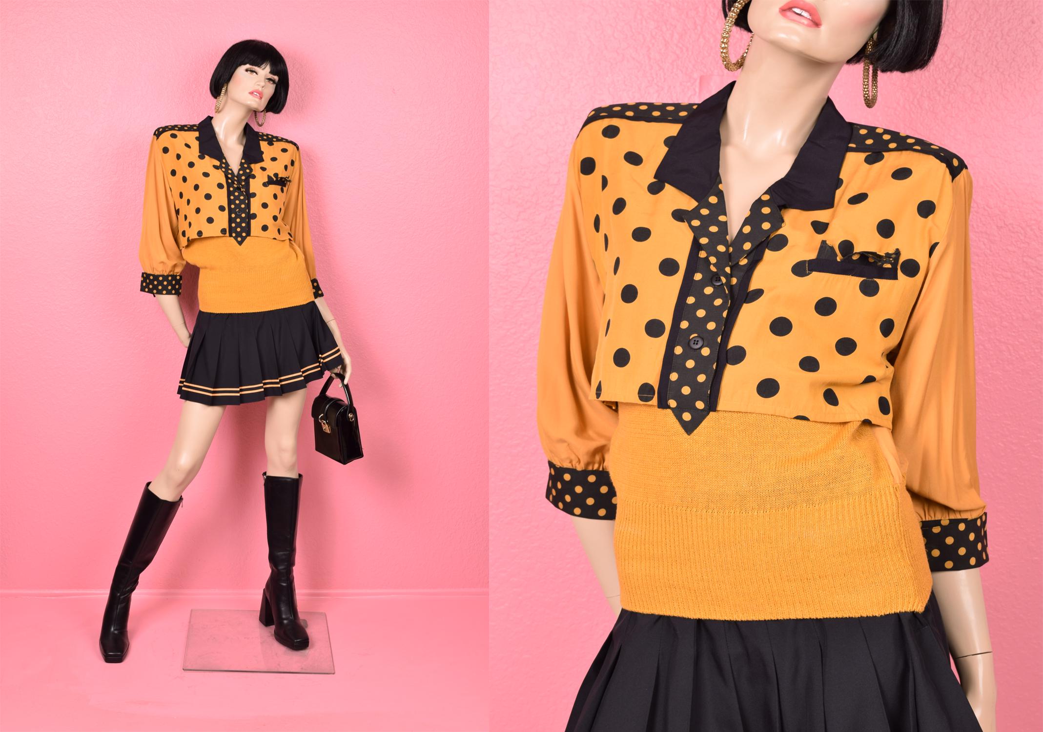 Vintage 80s 90s Deadstock Polka Dot and Knit Mix Pullover