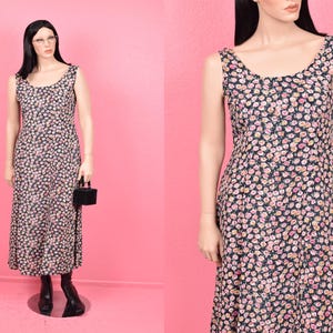 Vintage 90s Floral Print Dress/ Large/ 1990s