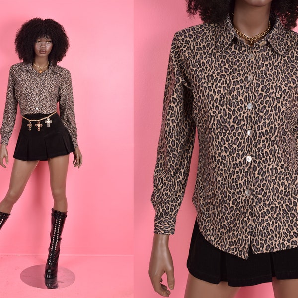 00s Leopard Print Blouse/ Large/ 2000s/ Long Sleeve/ Button Down