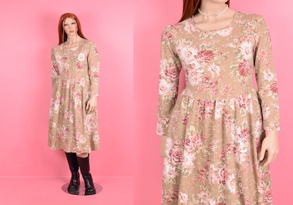 90s Floral Print Knit Dress/ Large/ 1990s/ Long S… - image 1