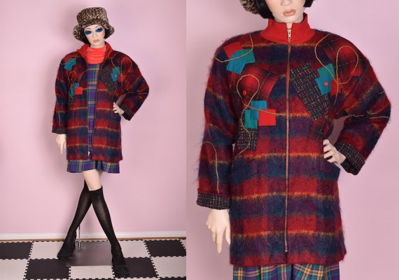80s Plaid Patchwork Mohair Coat/ XS/ 1980s
