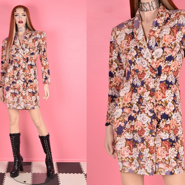 90s Floral Print Button Down Dress/ US 7/ 1990s/ Double Breasted