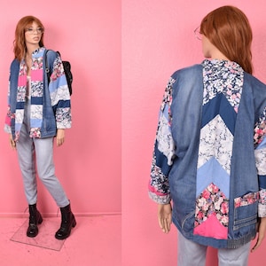 Giacca vintage anni '80/'90 rielaborata con patchwork floreale e denim / Taglia L / Anni '80/ Anni '90