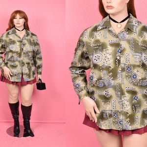 Vintage 90s 00s Multi Pattern Crinked Knit Top/ XL/ 1990s/ 2000s/ Long Sleeve/ Button Down