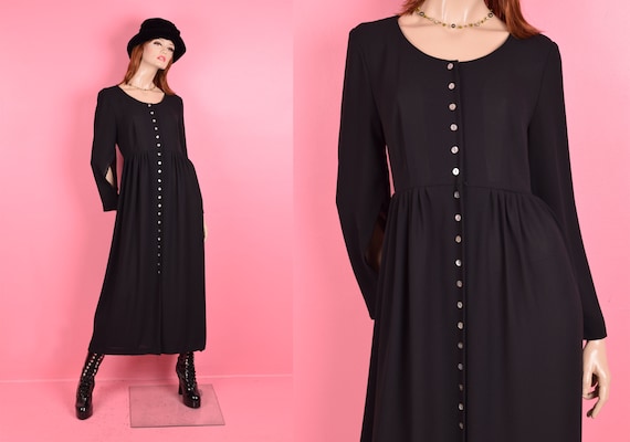 90s Black Slit Sleeve Dress/ US 10/ 1990s/ Button… - image 1