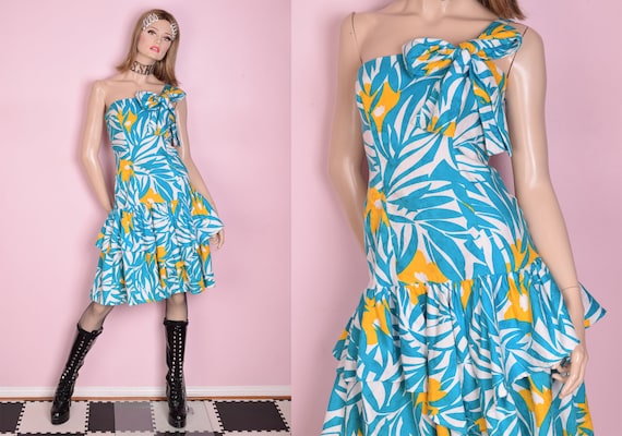 80s Tropical Print Layered Dress/ Medium/ 1980s