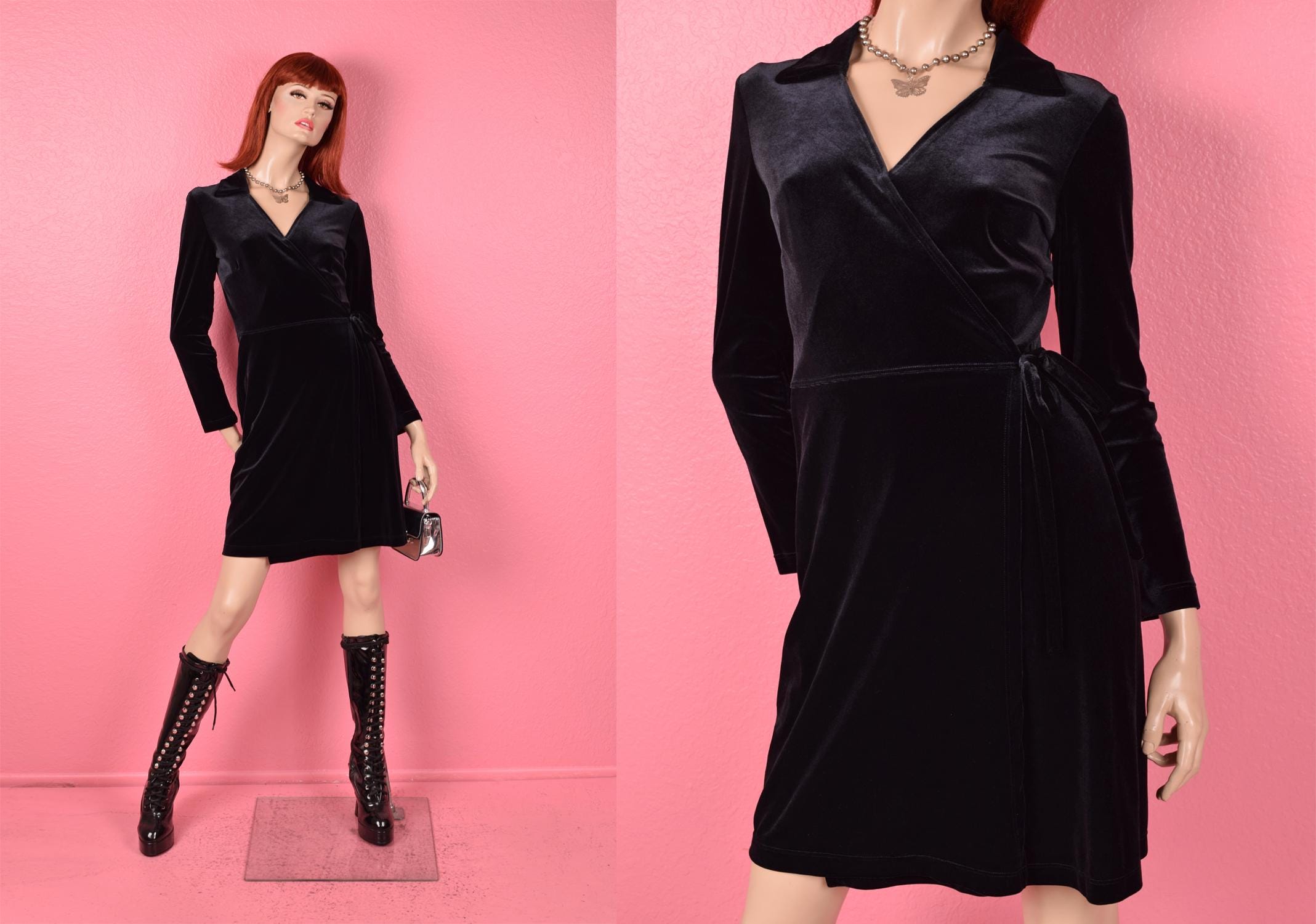 d*y様 モノグラム　ブートレグ　90s 90s Black Velvet Wrap Dress/ Small/ 1990s/ Long Sleeve - Etsy