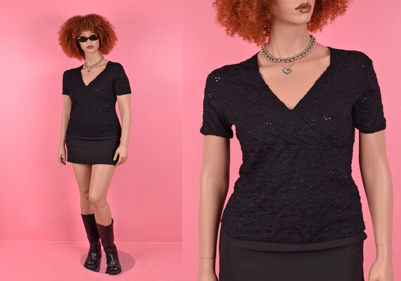 90s Floral Eyelet Knit Top/ Large/ 1990s/ Short S… - image 1