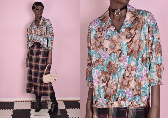 80s Floral Print Top/ XL/ 1980s