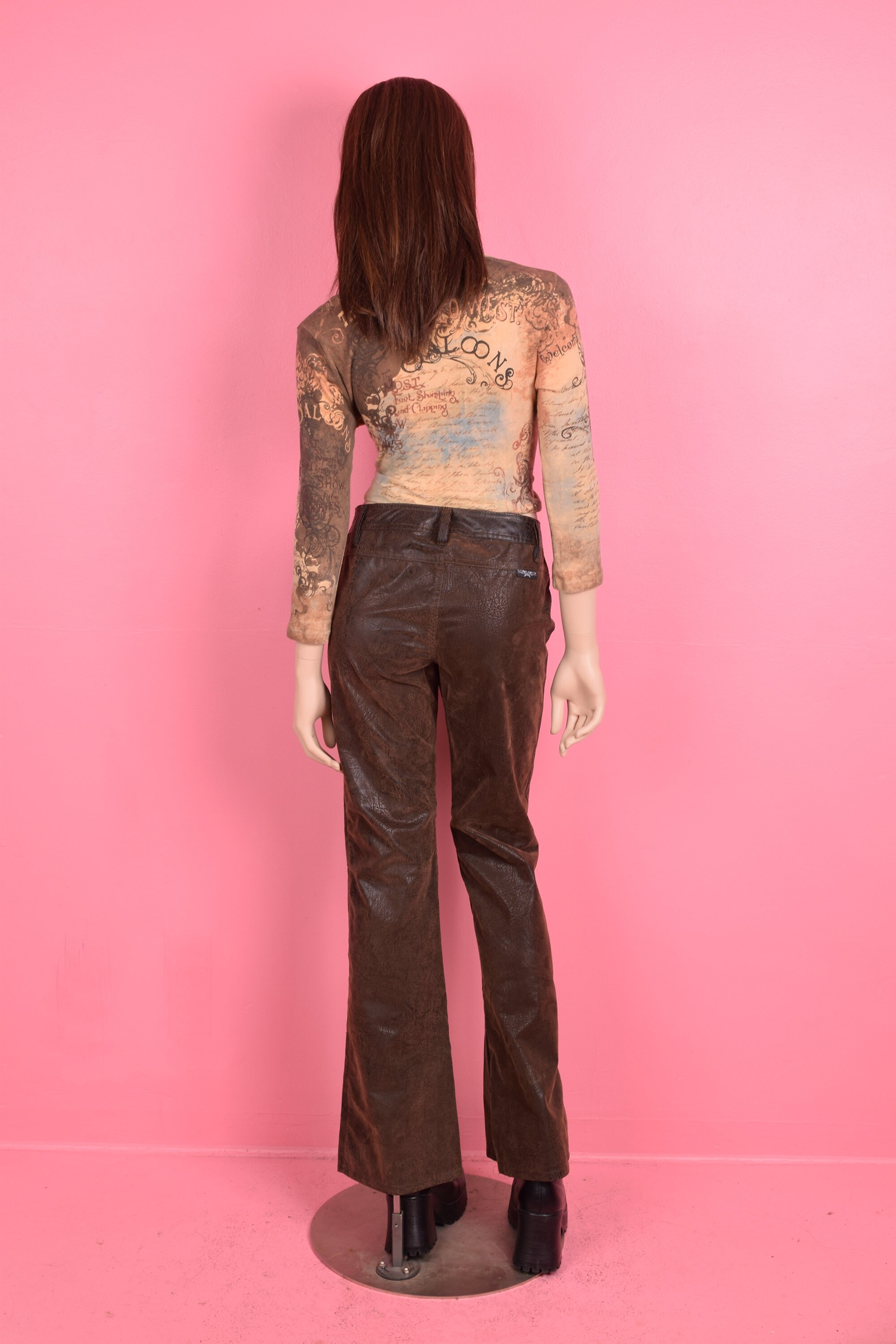 Vintage 90s 00s Faux Leather Flocked Flared Pants/ US 9/ 1990s
