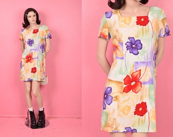 Vintage 90s Floral Print Dress/ US 8/ 1990s/ Short Sleeve