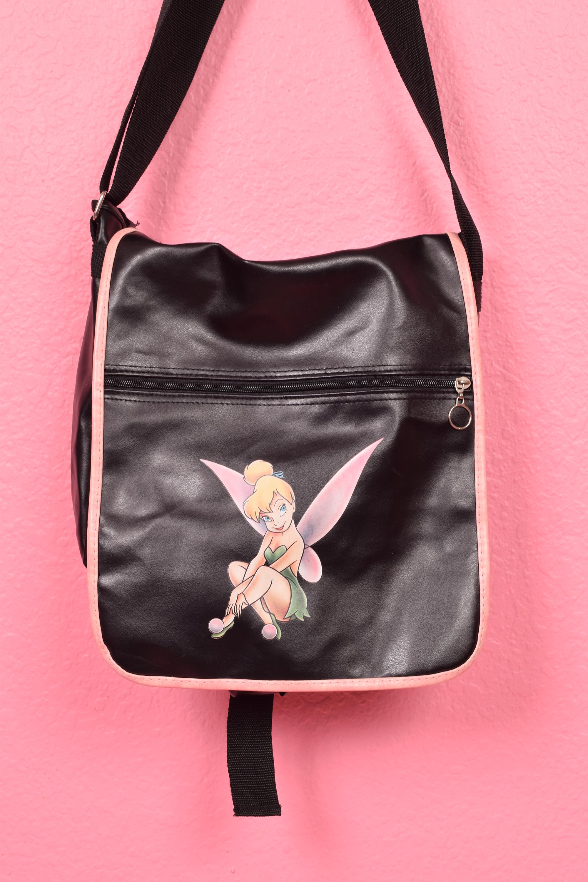 Vintage 00s Tinker Bell Black and Pink Faux Leather Messenger Bag