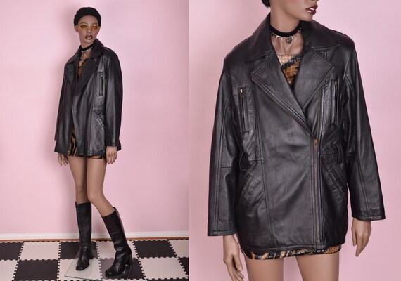 80s Black Leather Jacket/ Medium/ 1980s