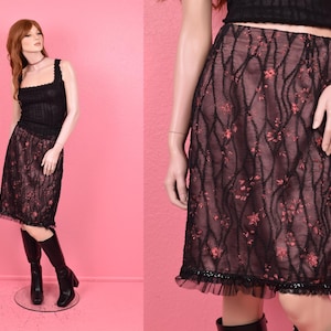 Vintage 00s Sheer Black and Pink Floral Print Skirt/ Medium/ 2000s/ Ruched/ Lace/ Sequined