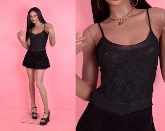 Vintage 90er 00er Deadstock Floral Overlay Mesh Top / Medium / 1990er / 2000er Jahre