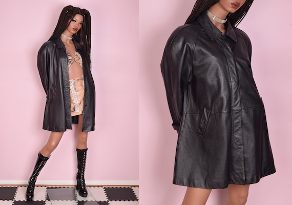 80s Black Leather Coat/ Medium/ 1980s/ Jacket