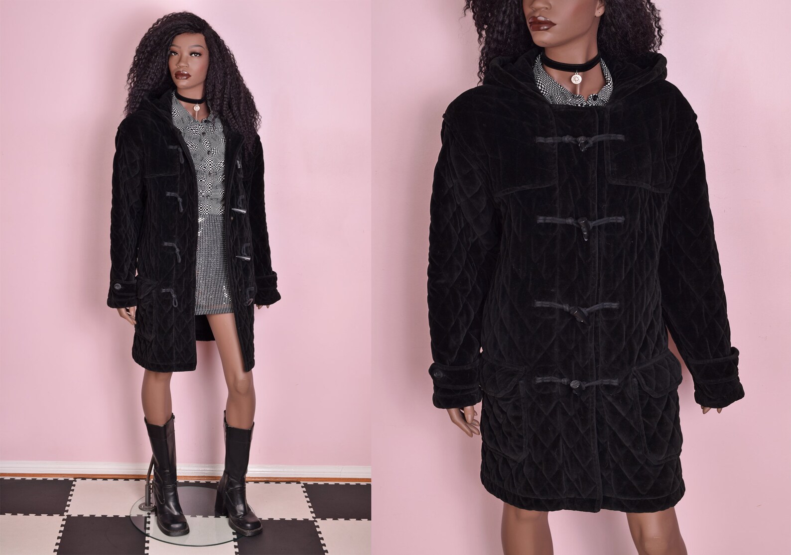 90s Black Quilted Velour Jacket/ Large/ 1990s/ Hooded/ Coat | Etsy