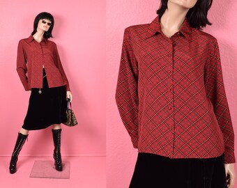 Vintage 80er Jahre Karierte Bluse/ US 38/ 1980s/ Langarm/ Button Down