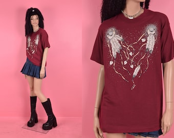 Vintage 90s Glitter Feather Tshirt/ Gender-Neutral Medium/ 1990s
