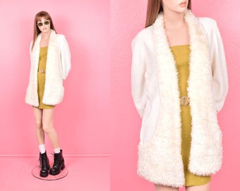 Vintage 80s 90s Shaggy Trim Chenille Knit Cardigan Sweater/ Small/ 1980s/ 1990s