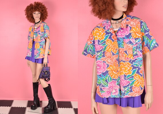 80s Floral Print Shirt/ Medium Petite 
