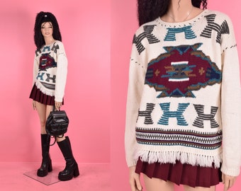Sweter Vintage 90s Graphic Fringe Trim/M/Lata 90.